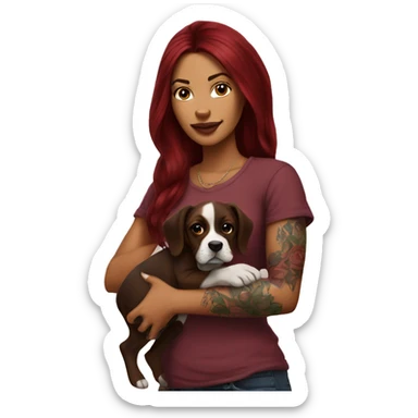 Beautiful tattooed  burgundy long haired woman holding a boxer puppy sticker
