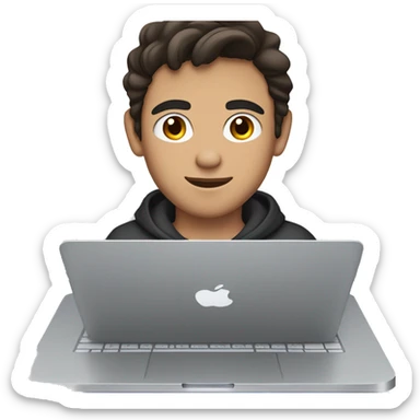 Young man with dark hair and brown eyes sits in front of silver macbook, front view sticker
