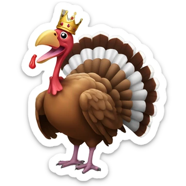 Turkey with its tongue out wearing a crown dancing and eating a turkey sticker