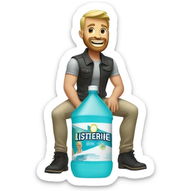 Buff man with blonde short hair and a medium length blonde beard riding on top of a giant bottle of listerine sticker