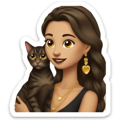 Beautiful skinny woman long dark brown hair in dark dress with gold earrings hug bengal cat sticker
