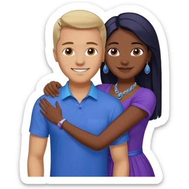 smiling embracing interracial couple. man is tan and has brown straight hair he is wearing blue. woman has very dark color skin and long black hair. she is wearing purple and has matching blue jewelry on sticker