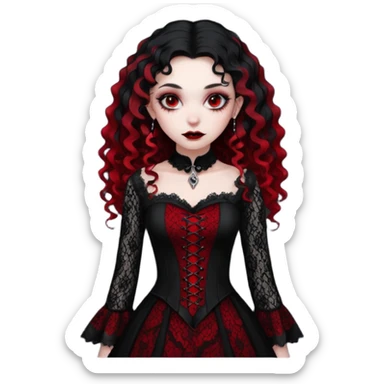 A girl with a red goth vampire look in a black and red goth lace dress with long sleeves and long black curly hair bold look on her face sticker