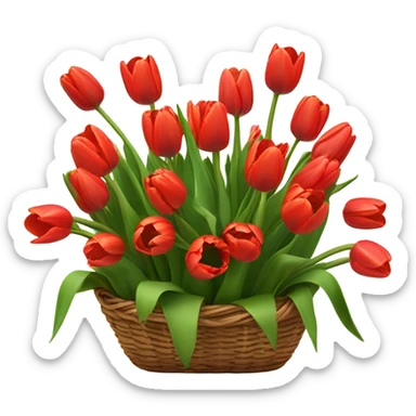 Red tulips bouquet in basket. Basket smaller sticker