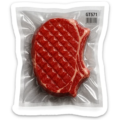 diamond-textured meat steak, shiny and inflated, vacuum-sealed style sticker