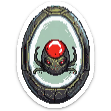a strange large transparent alien egg, floating inside with a visible creature inside, embryo, embryonic, fetal shape, primordial, 3 glowing red eyes, illuminated from above, shining glass egg sticker
