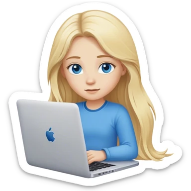 blonde girl with long hair and blue eyes sits at a laptop sticker