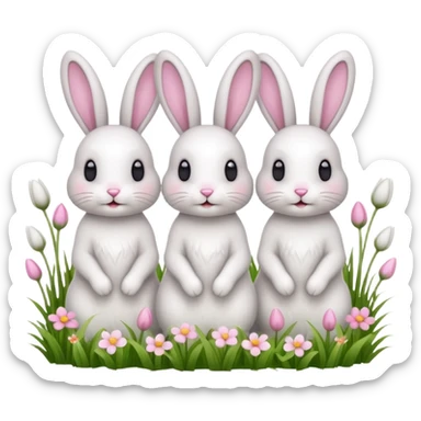 realistic 3 Bunny's standing in grass field with flowers happy looking foward sticker