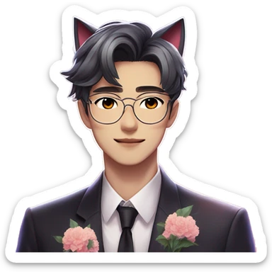 Gorgeous romantic anime style Asian formal modern gentlemanly guy with cat ears and flowers and blushing face aesthetic trending style outside with colorful gradient colors sticker