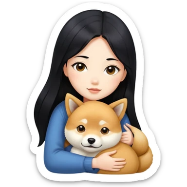 A beautiful girl with long black hair hugs a Shiba Lnu sticker