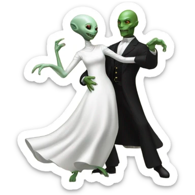  a Reptilian alien woman, in white dress, dance with a human man in frack sticker
