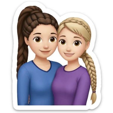 Comforting Hug two white skin women, one shorter woman with medium brown simple top ponytail, not braided, and one taller woman with a single long black side braid sticker