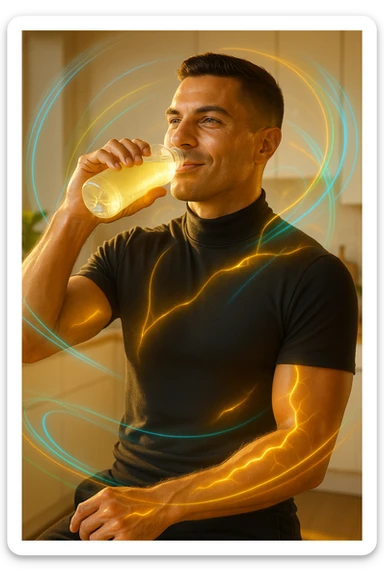 Athletic man around 30 years old, early morning, drinking a transparent electrolyte-rich beverage from a bottle. Body illuminated by natural golden light, with a light energetic aura around muscles symbolizing regeneration and recovery. Relaxed and vital expression, hydrated and glowing skin. Around him, light and colorful flows (blue, green, orange) represent electrolyte balance: sodium, potassium, magnesium. Natural environment or modern minimalist kitchen. Positive, clean, and invigorating atmosphere. Vertical 9:16 format. Inspired by the face in the reference photo. sticker