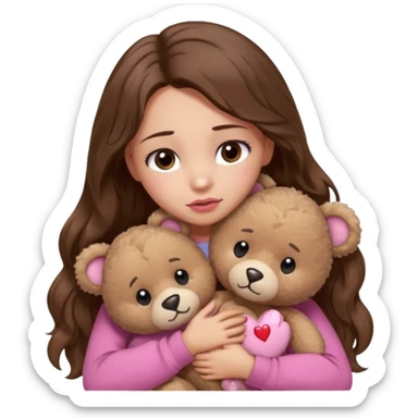 girl with long wavy brown hair, brown eyes, light to medium complexion, in a pink shirt, pink lips, long lashes, sad crying , hugging a teddy bear with a  heart sticker