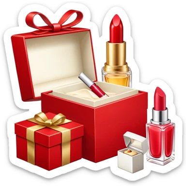 an open gift box with lipstick, cream jar, and perfume bottle spilling out sticker