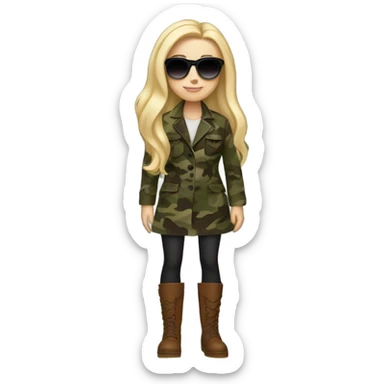 White girl with Long blonde hair and round Sun glases, camouflage Wool oversize blazer, mini dress and Brown leather boots  sticker