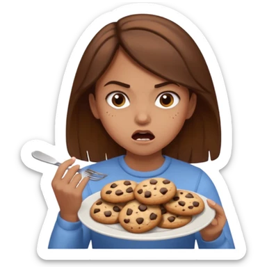 Angry girl brown hair that’s eating a plate of cookies sticker
