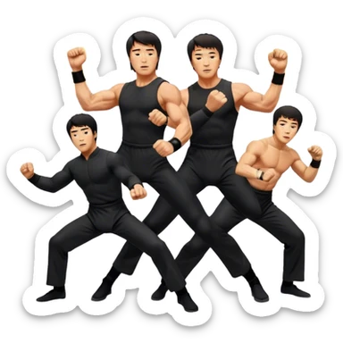 Icon for Action Movies: Collage of Arnold Schwarzenegger, Sylvester Stallone, Bruce Lee, and Jackie Chan in iconic action poses, surrounded by explosions, weapons, and martial arts moves. The design should capture the high-energy, dynamic nature of their films. Transparent background. sticker