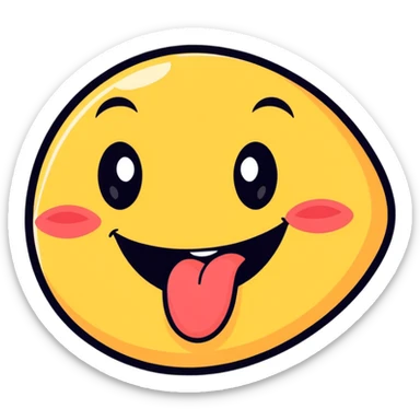 dirty, filthy, gross laughing emoji with fake eyes and dirty tongue, cartoon style sticker