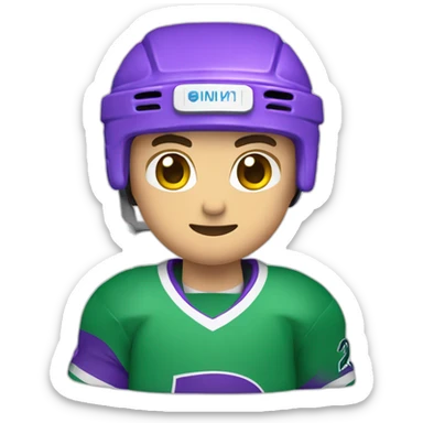 Un joueur de hockey avec un chandaille mauve et vert sticker