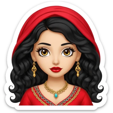 bratz-inspired emoji with long curly hair, light skin, arabian nose, bold black eyeliner, pretty lips, wearing traditional arabian attire sticker