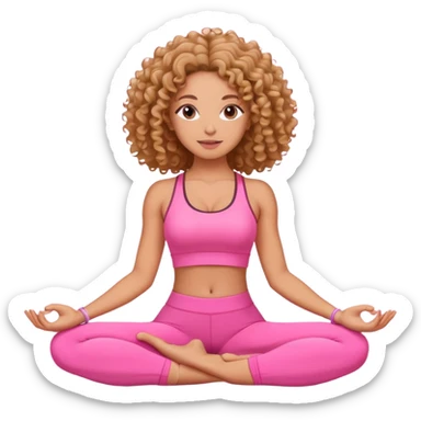 Uma mulher de cabelo cacheado, usando roupa de yoga rosa, em uma posição de yoga bonitinha  sticker