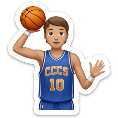 A white man with brown hair with a basketball, doing a layup sticker