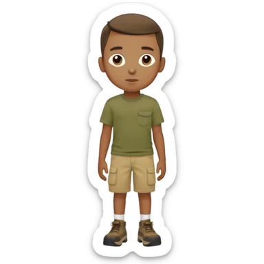 boy wearing an olive-green shirt over a brown T-shirt with beige cargo shorts sticker