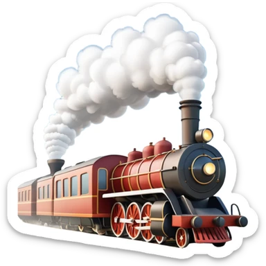 A 3D cartoon steam train puffing clouds of white smoke from its chimney, outdoor scene, warm sunlight, realistic Memoji-style. sticker