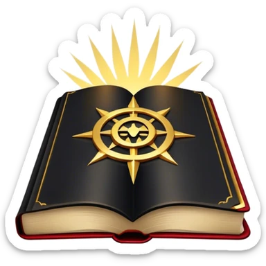 Un libro negro mate con detalles en dorado profundo o rojo oscuro, irradiando una sombra poderosa, con un símbolo, y una ligera aura de calor, reflejando el poder de vivir sin miedo.  sticker