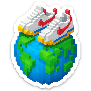 isometric view of Earth globe with a pair of Nike Cortez sneakers walking on top, voxel style sticker