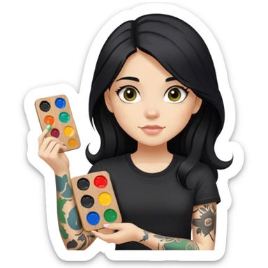 A girl with long black hair  light complexion and hazel eyes and black tattoos on right arm holding a paint palette  wearing black shirt sticker