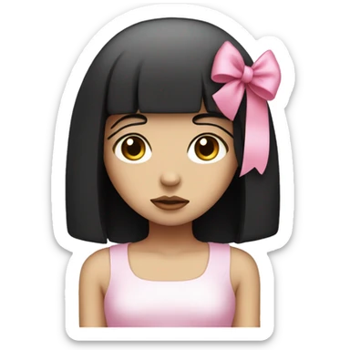 sad girl with white skin and straight black hair with a pink bow on her head sticker