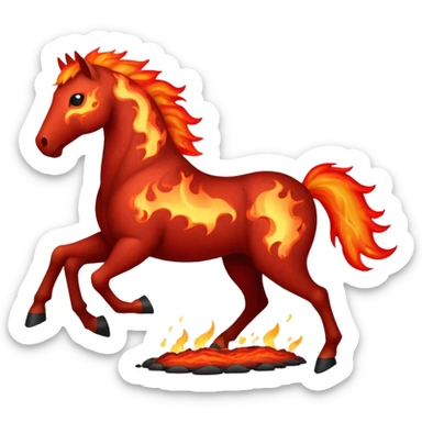 A red fast horse made of embers, magma, and visible lava, with flames burning around it and ash particles floating sticker