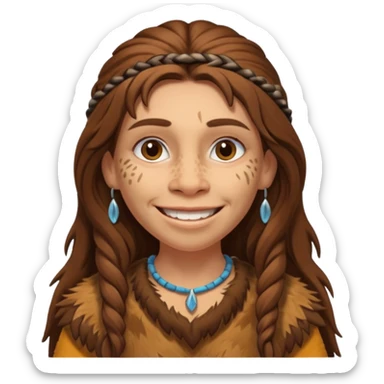 smiling Neanderthal woman with long hair and animal skin clothing sticker