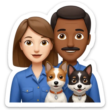 Quiero a una mujer blanca  con el pelo por el hombro lacio castaño  con un hombre de color morochito con el pelo negro y bigote, ambos felices  y un solo perro blanco Fox terrier  sticker