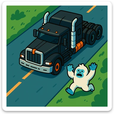 Place the small abominable snowman clearly on the road in front of the black 2026 Kenworth W680 flat top semi sleeper, top-down vibrant toon style, no text. sticker