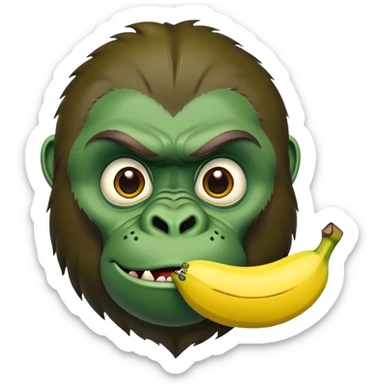 A cartoon banana with a forest green gorilla face, big nostrils and menacing expression sticker