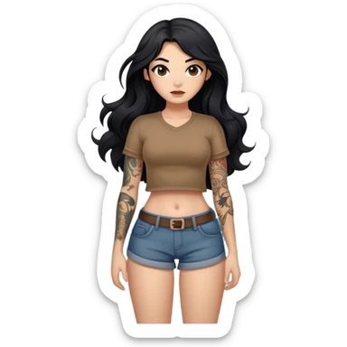 A girl with fair skin and a little fat - long black hair with big waves - tattoos on the upper arm - no tattoos on the lower arm - wearing a brown navel-revealing short-sleeved shirt - full body photo sticker