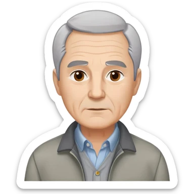 Distinguished older man in his 60s, light complexion, round face with broad jaw, vivacious brown eyes, thick eyebrows giving intensity to expression, short gray-white hair combed slightly back with visible receding hairline, clean-shaven, wearing gray casual jacket over button-up shirt sticker