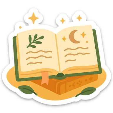A cute open book lying on a cozy surface, designed in a soft and magical color palette: golden orange (FA9B41), deep forest green (4A7C5C), warm taupe brown (96775A), and pastel peach (FFCC9A). The pages are slightly aged with gentle curves, featuring whimsical illustrations, tiny stars, and elegant handwritten text. The book cover, visible beneath the open pages, has decorative patterns and a ribbon bookmark in peach and green tones. Around the book, add soft light, a few leaves, or glowing sparkles, creating a dreamy, enchanted, storybook-like atmosphere. The overall mood is warm, magical, and gentle sticker