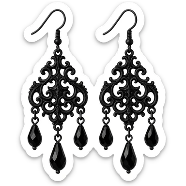goth earrings chandelier style, ornate black metal, baroque gothic sticker