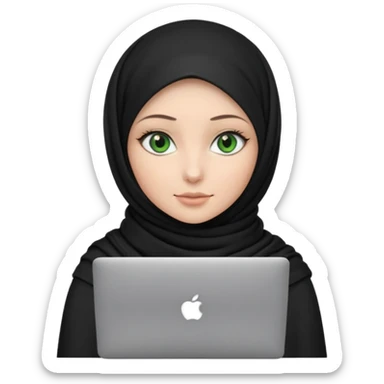 women with black scarf hijab , with green eyes  ,without hair, with macbook sticker