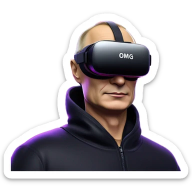 Vladimir Putin wearing a black hoodie with "OMG" letters on it and VR headset oculus quest 2 in a cyberpunk VR environment with violet neon lighting. sticker