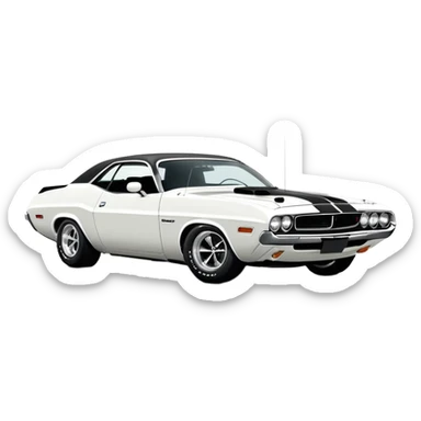 Completely white 1971 Dodge Challenger muscle car, side view, no racing stripes, pure white paint job, minimalist style, classic American muscle car from Tarantino's Death Proof movie sticker