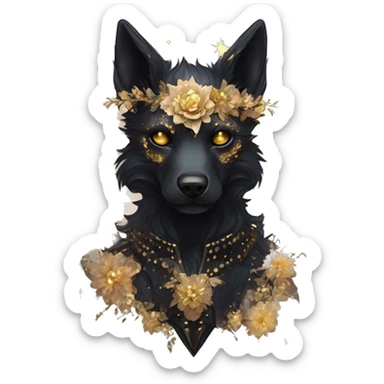 Black iridescent fluffy dog fox head zombie skeleton gold mechanical nebula galaxy stars flowers fairy lights vintage sticker