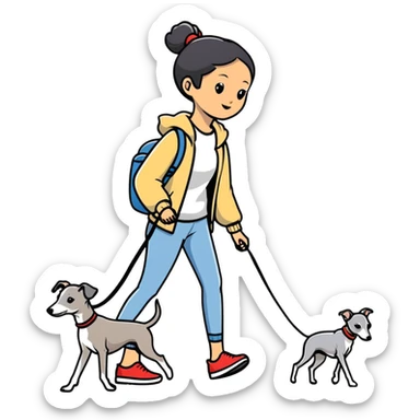 Asian girl walking an all grey Italian greyhound with no white nose, completely grey dog sticker