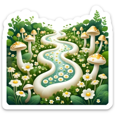 Glowing garden of probiotic foods: yogurt as white flowers, kefir as luminous mushrooms, and fermented vegetables as magical plants. Beneficial bacteria appear as tiny golden lights floating through the garden. The intestine forms a spiraling path surrounded by this magical ecosystem. sticker