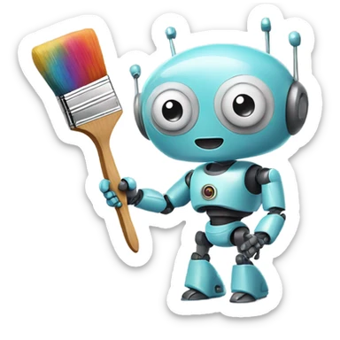 cute robot holds a palette with paints and a brush sticker