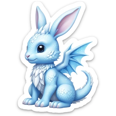 A cute bunny-dragon hybrid creature with ice crystals, rabbit ears, dragon wings and tail made of ice sticker